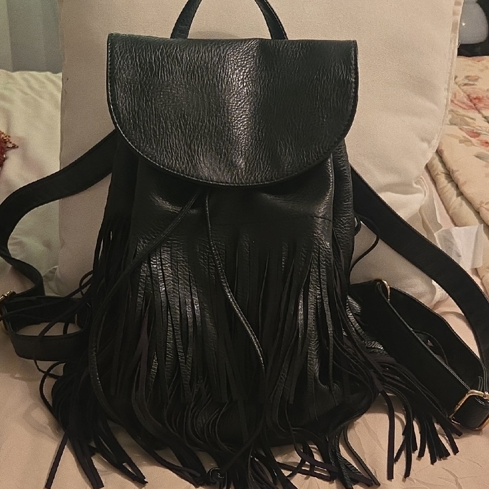 Black Fringe Leather Backpack with Drawstring Flap
